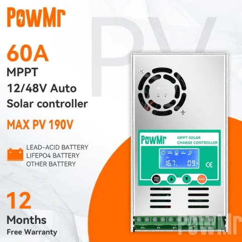 PowMr 60A MPPT Solar Charge Controller HHJ‑60A – 12V/24V/36V/48V, Max PV 190VDC, LCD Display