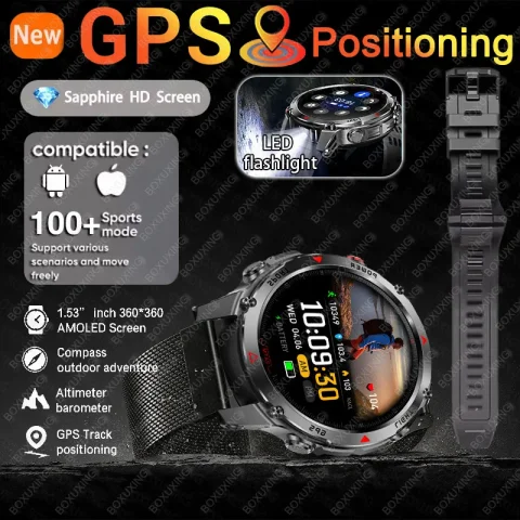2025 New GPS For HUAWEI Xiaomi 540mah AMOLED Smart Watch Men Sports Fitness LED Flashlight 3ATM Waterproof BT Call Smartwatch