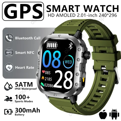 2025 New outdoors GPS Sports Smart Watch Men HD AMOLED 5ATM IP68 Waterproof 300mAh NFC HD Voice Call SmartWatch For Android IOS