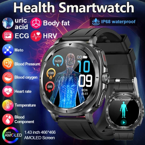 2025 New Uric Acid Blood Lipids Health Smartwatch Men Body Fat Blood Pressure Monitor AMOLED Screen NFC Man Smart Watch ECG+PPG