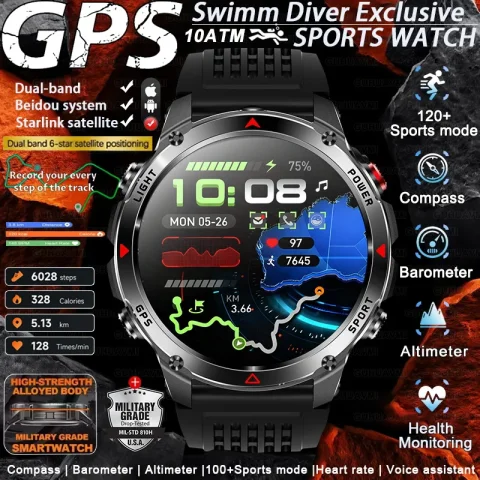 New Military Outdoor Six Star GPS Positioning SmartWatch Men Run RIDE Fitness GPS Tracer 10ATM/IP69 Compass BT call Sports Watch