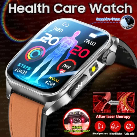 2025 New Laser therapy+ECG+HRV High-end Health Watch Men Body analysis Blood pressure lipids Uric acid Health Tracker Smartwatch
