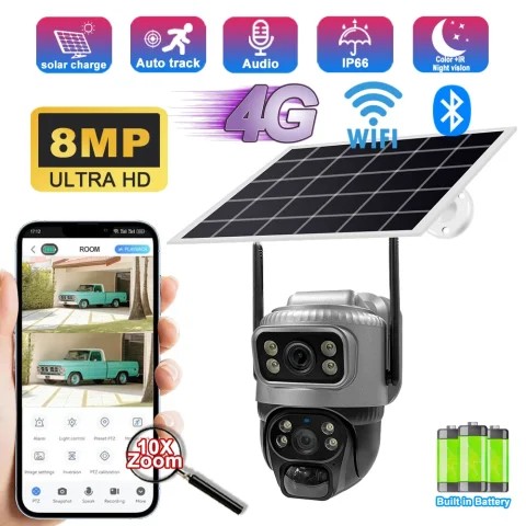 8MP 4K Solar Camera 4G Wifi Outdoor Dual Lens PIR Human Detection Night Vision Waterproof Security Solar Battery CCTV Monitor
