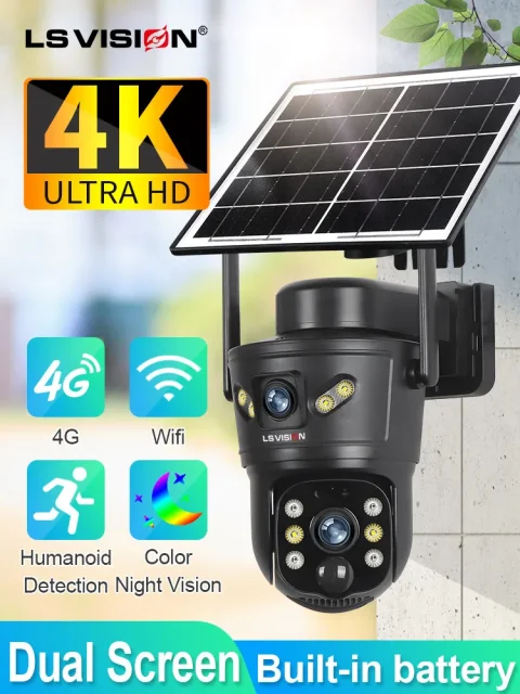LS VISION 4G /WIFI Outdoor Solar Camera 8MP Dual Lens PIR Sim Card built in Night Vision Waterproof Security Camara Battery CCTV