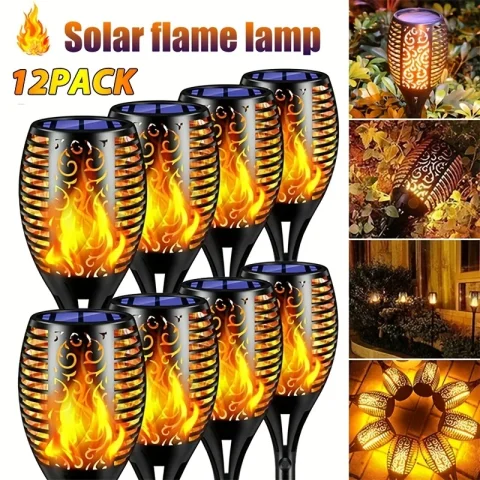 1-12PCS 12LED Solar Flame Torch Lights Flickering Light Waterproof Garden Decoration Outdoor Lawn Path Yard Patio Floor Lamp