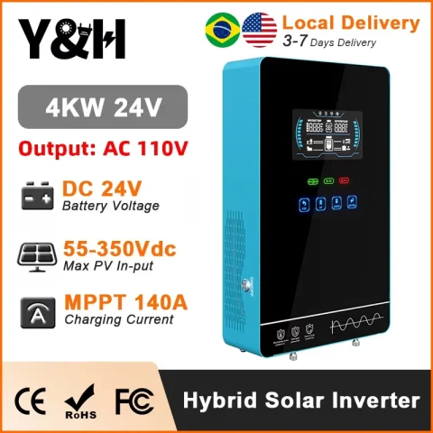 Y&H 4KW Hybrid Solar Inverter 24V 110V Pure Sine Wave Battery-Free Starting Built MPPT 140A Solar Charger Solar System BMS/WiFi