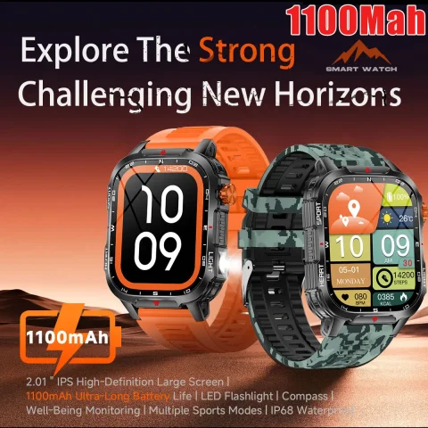 1100mah Large-Size SmartWatch Men 100+ Sport Mode GPS Fitness Tracker Compass Lighting Smart Watch 10ATM&Waterproof Heart Rate