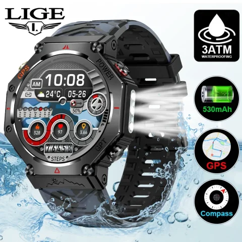 LIGE 2025 New GPS Smart Watch 5ATM Waterproof Built-in Dual-band GNSS Compass Military Sports Men Smart Bracelet for Android iOS