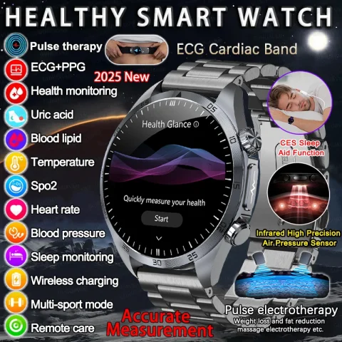 2025 New For HUAWEI Pulse Therapy SmartWatch ECG Uric Acid  Blood Oxygen Heart Rate BP CES Sleep Health Monitor Men Smart Watch