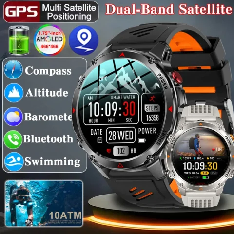 2025 New Military Bluetooth Call Smart Watch Built-in GPS Compass Barometric Altimeter 10ATM Waterproof Sports Smartwatches Men