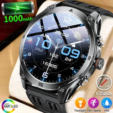 2025NEW Military GPS Smartwatch 1.75" AMOLED Screen Compass Barometric Altimeter Flashlight BT Call Smart Watch 10ATM Waterproof
