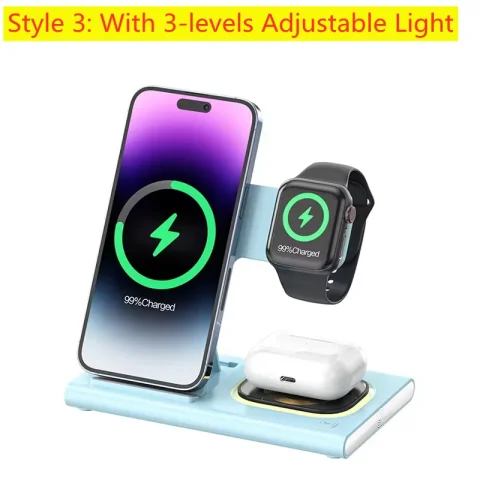 300W Fast Wireless Charger Stand Pad Foldable Fast Charging Station Dock for iPhone 16 15 14 13 12 Pro Max Apple Watch Airpods - Style 3 with Light