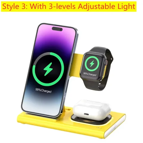 300W Fast Wireless Charger Stand Pad Foldable Fast Charging Station Dock for iPhone 16 15 14 13 12 Pro Max Apple Watch Airpods - Style 3 with Light