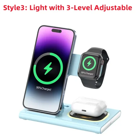 200W 3 in 1 Wireless Charger Stand Pad Foldable Fast Charging Station Dock For iPhone 16 15 14 13 12 11 X 8 Apple Watch Airpods - Style 3