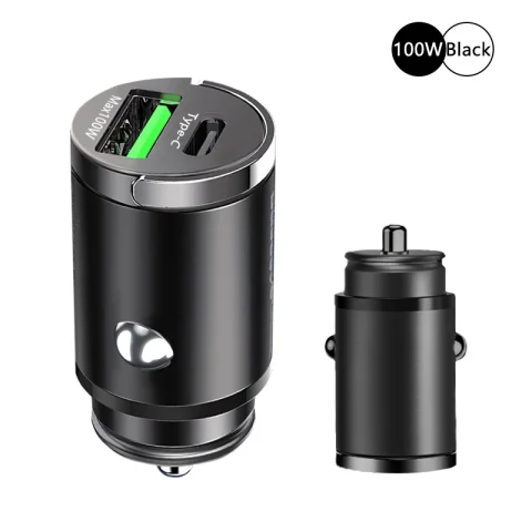 100W Mini Car Charger Lighter Fast Charging for iPhone QC3.0 Mini PD USB Type C Car Phone Charger for Xiaomi Samsung Huawei - 100W Black