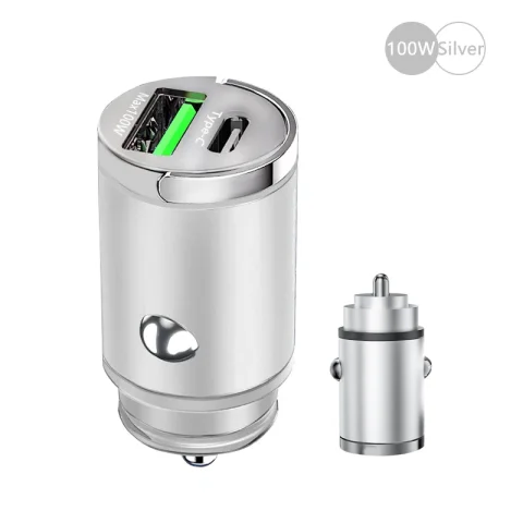 100W Mini Car Charger Lighter Fast Charging for iPhone QC3.0 Mini PD USB Type C Car Phone Charger for Xiaomi Samsung Huawei - 100W Sliver