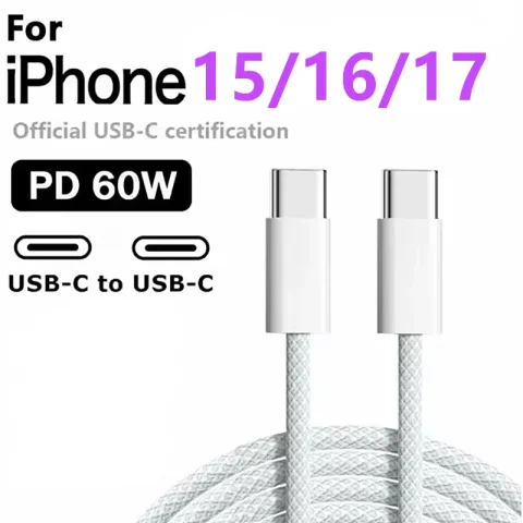 60W Type C to Type C Cable Data Line For Iphone 15 16 Samsung Xiaomi Fast Charging USB C to C Cable Type C Data Charger 1m2m