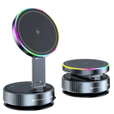 2025 New K3 Wireless Charger Car Phone Holder Colorful Light Vacuum Suction Cup Charging Can 360° Rotate Foldable Phone Holder - Wireless charging