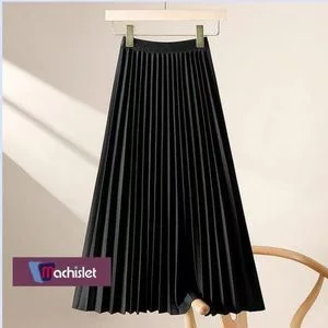 Machislet Women High Elastic Waist Pleated Chiffon Skirt Midi Swing A-line Skirts-BLACK
