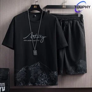 TOUPHY T-Shirts +Shorts 100% Cotton Men's Short Sleeve Set-Black