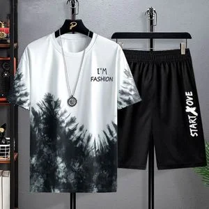 Dou-color Men's 2-in-1 Short Sleeved T-shirt&Shorts Set - Black