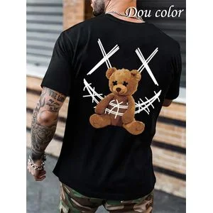 Dou-color Men's Thick Bear T-shirt - Black