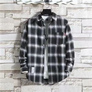 Dou-color Men's Long Sleeve Plaid Shirt - Black