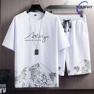 TOUPHY T-Shirts +Shorts 100% Cotton Men's Short Sleeve Set-White