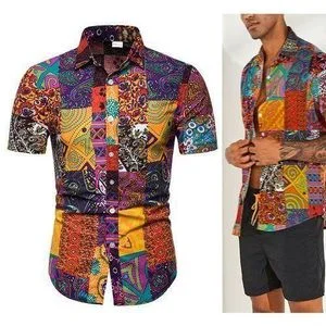 Berrykey Mens Vintage Graffiti Shirts Printed Button Down Casual T-Shirts Beach Polo