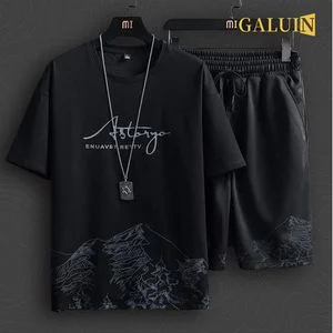 GALUIN T-Shirts +Shorts 100% Cotton Men's Short Sleeve Set-Black