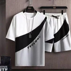 Dou-color Men's Fashion 2-in-1 Short Sleeve&Shorts Set - Black And White