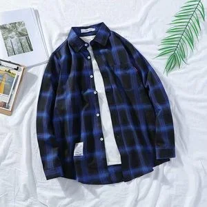 Dou-color Men's Long Sleeve Plaid Shirt- Blue