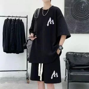 Dou-color 2-in-1 Men's Fashion Short Sleeve Set M Printed T-shirt And Shorts Set - Black