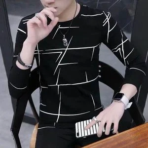 Dou-color Men's Fashion Long Sleeve Striped Shirt New Upgraded O-neck Casual T Shirt-Black