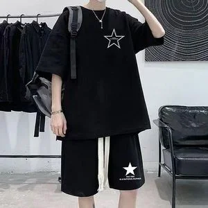 Dou-color 2-in-1 Men's Fashion Short Sleeve Set Star T-shirt And Shorts Set - Black