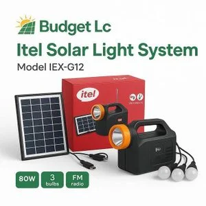 itel  Solar Lighting System 80W Portable Solar Lamp with Panel, 3 Bulbs, Radio, Bluetooth Speaker and Mobile Charging