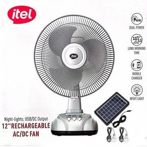 itel 12 Inches AC/DC Solar Rechargeable Fan With Panel & 2 Bulbs