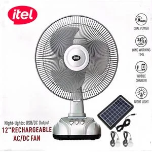 itel 12 Inches AC/DC Solar Rechargeable Fan With Panel & 2 Bulbs