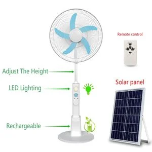 Standing Pedestal Fan 16 Inches  Rechargeable Fan +Solar Panel + LED Light