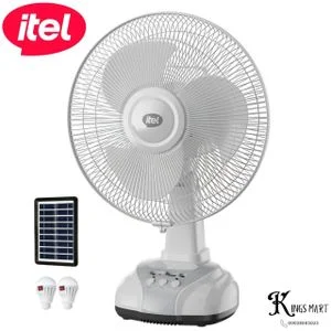 itel Table Fan 12" Rechargeable Solar Desk Fan 5.5 Hours of Long-lasting Battery Life MOO1 with Panel & 2 Bulbs