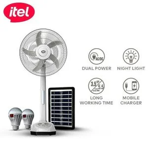 itel 16 Inches AC/DC Solar Rechargeable Fan With Panel + 2 Bulbs