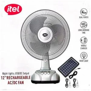 itel Rechargable & Solar Desk Fan 12" 5.5 Hours of Long-lasting Battery Life MOO1