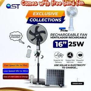 SOLAR OST 16" Rechargeable Solar Standing Fan With 20w Solar Panel