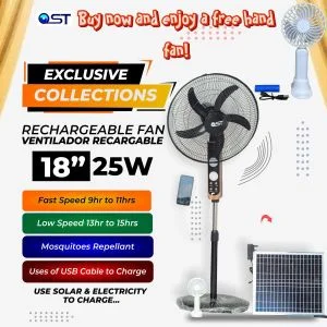 SOLAR OST 18" Fan Rechargeable Standing Fan With Solar Panel and 2 bulb